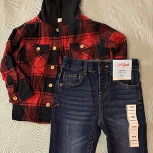 Cat & Jack Red and Black Plaid Hooded Shirt with Dark Blue Jeans